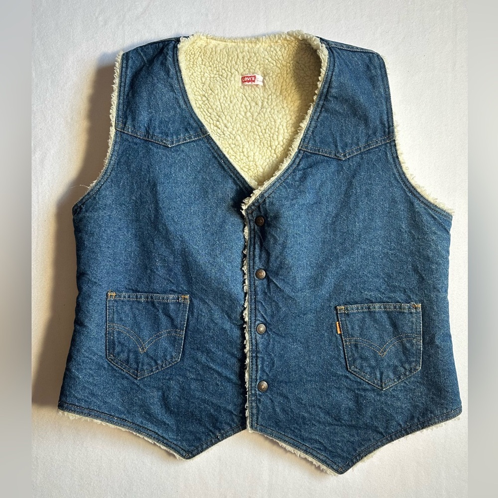 Vintage Levi’s Orange Tab Sherpa Lined Denim Vest Women’s XL Western Cowboy Jean - Picture 1 of 6